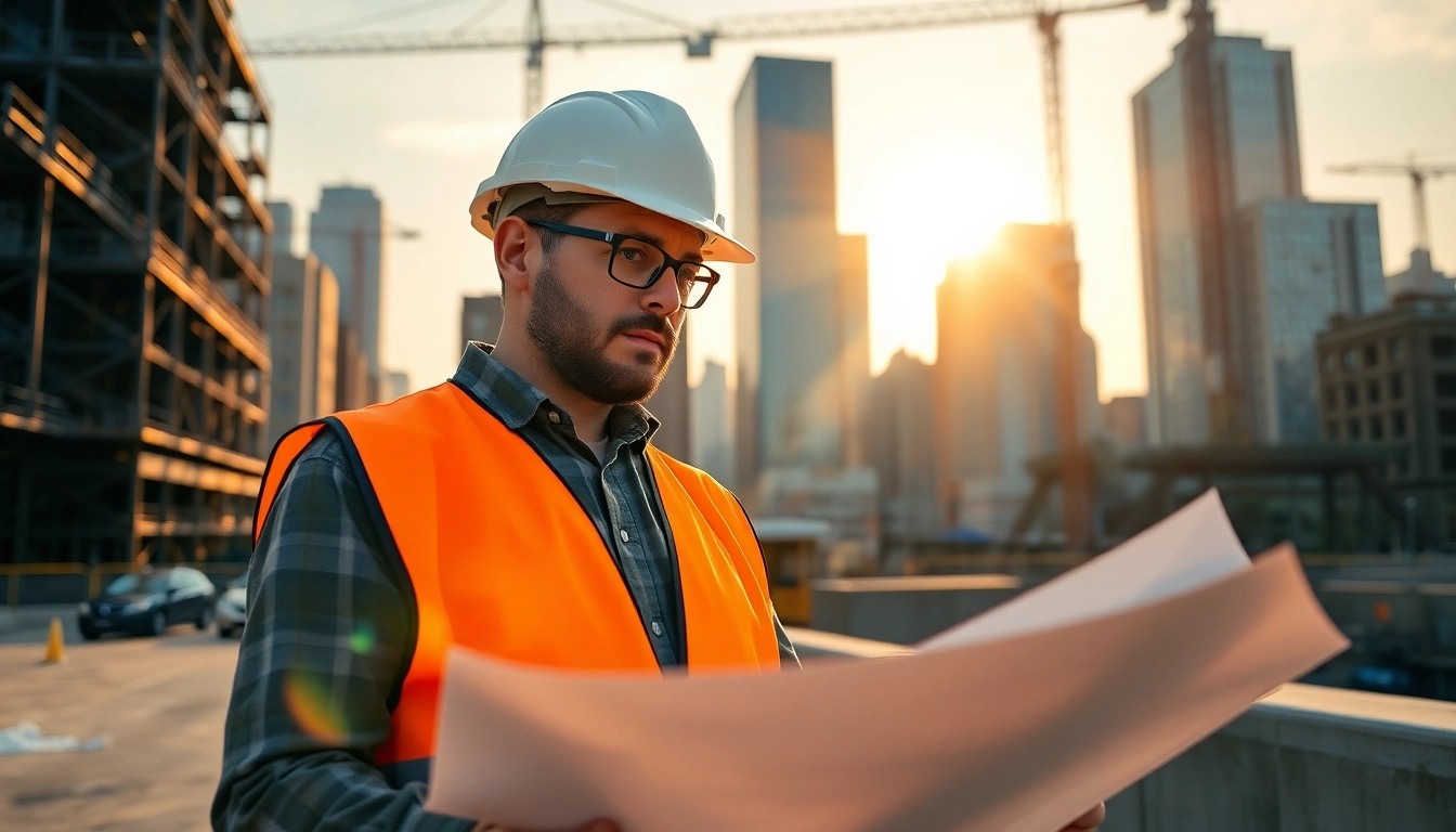 Manhattan Commercial General Contractor overseeing construction project with blueprints on site.