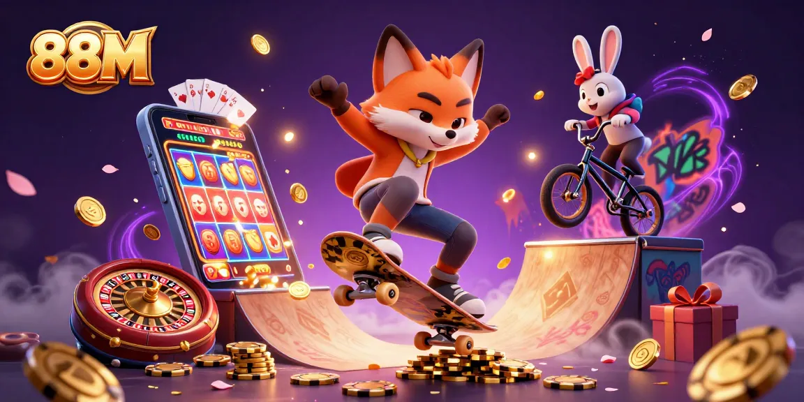 Experience thrilling gameplay at 88M with a vibrant scene of a skateboarding fox and rabbit surrounded by casino elements.
