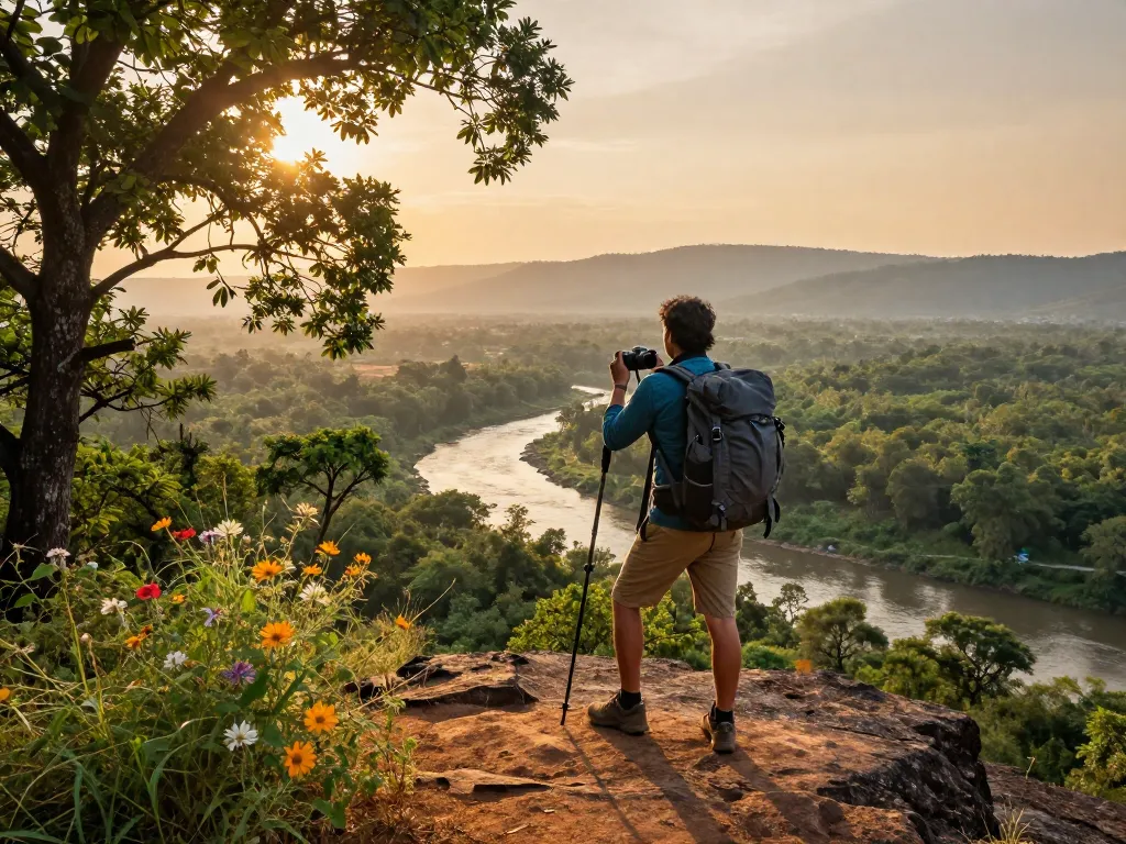 Dandeli adventure traveler overlooking lush forest and Kali River.