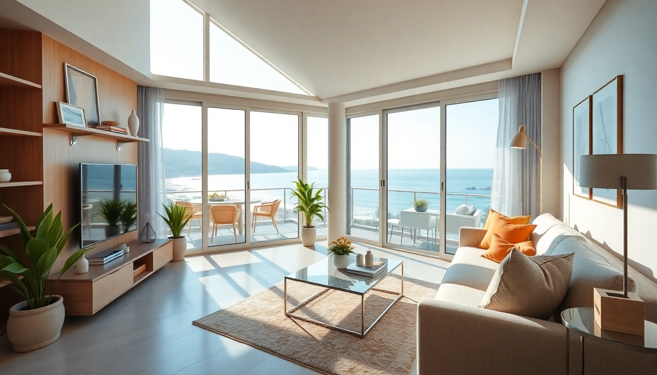 Buy apartment in Alanya featuring a modern living space with stunning coastal views.