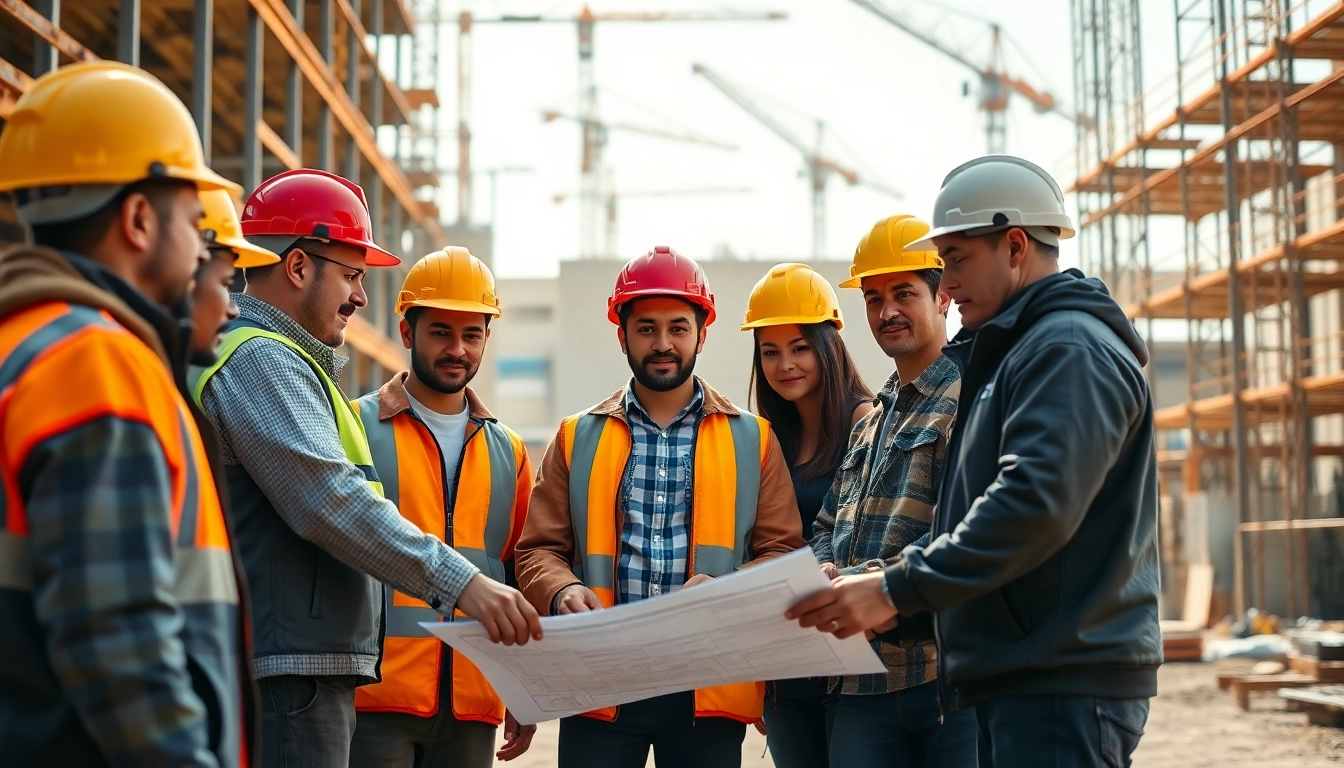 Engaged team at a construction member organization collaborating on plans on a busy site.