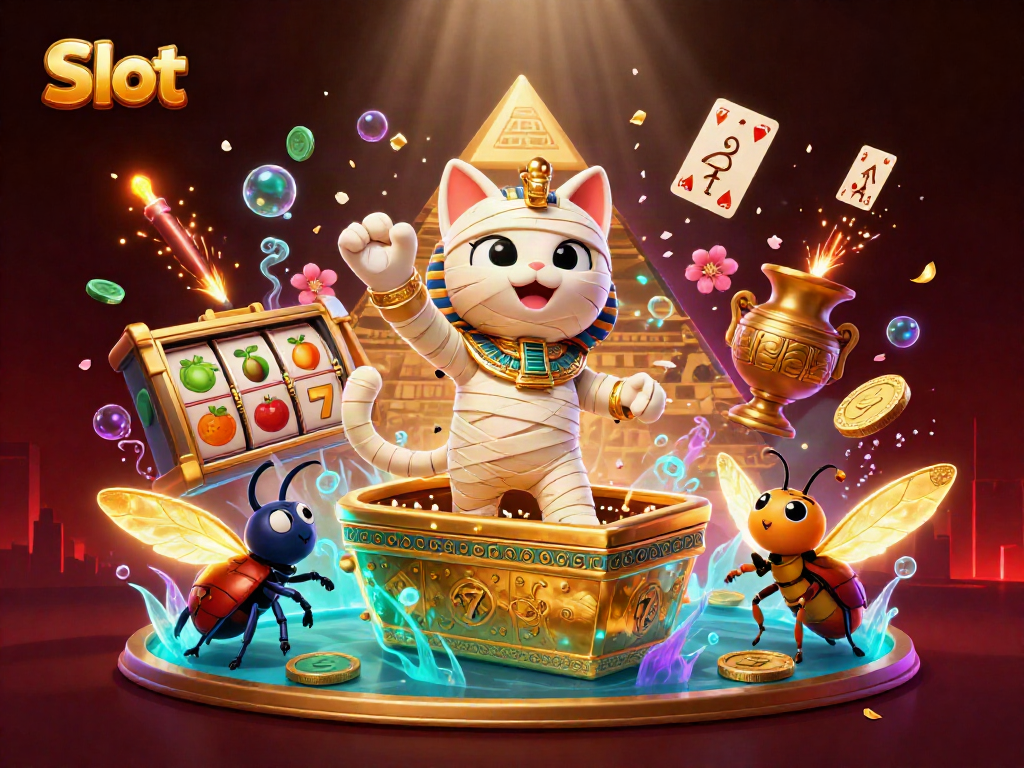 Spin slot reels featuring a mummy cat and action-packed scene filled with glowing treasures.
