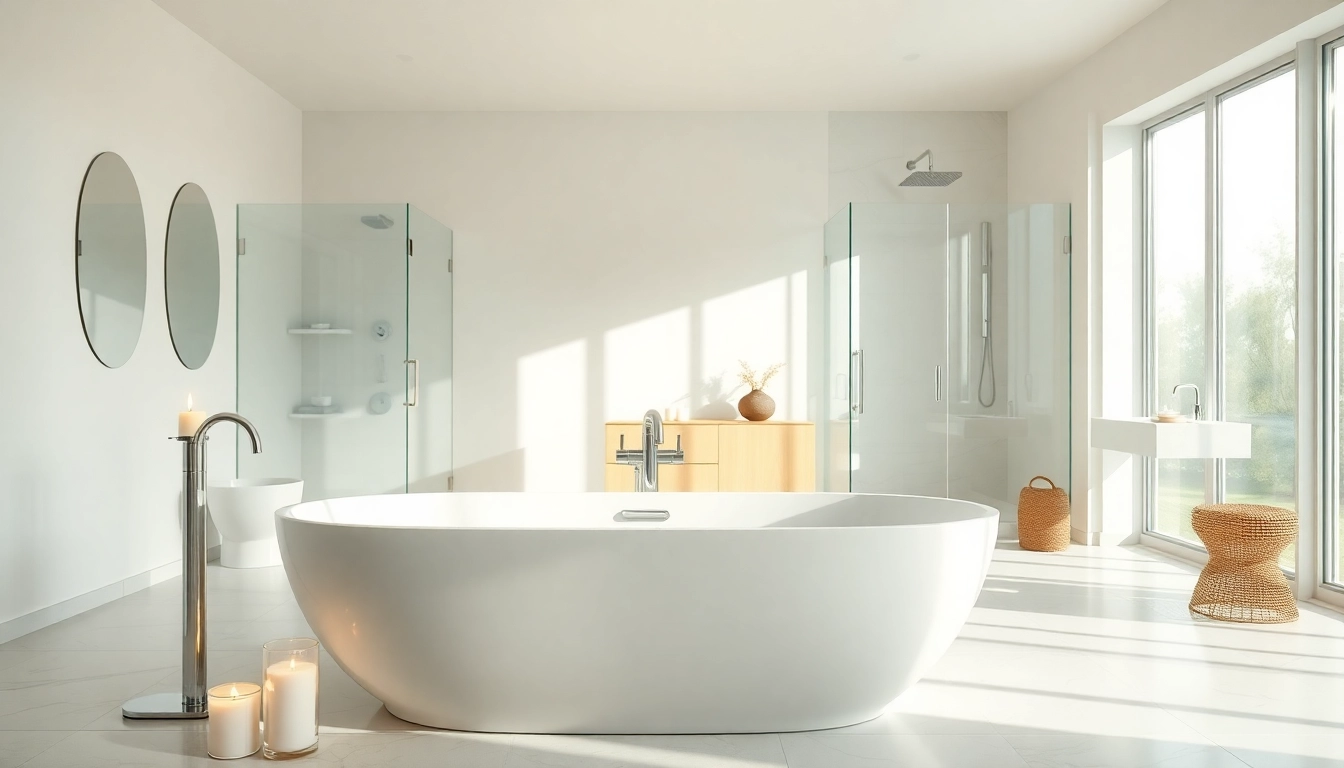 Enhance your elegant bathrooms with modern designs, featuring sleek fixtures and a freestanding bathtub.