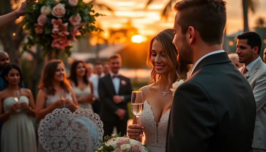 Beautiful couple exchanging vows at a sunset wedding, highlighting tampa wedding photography.