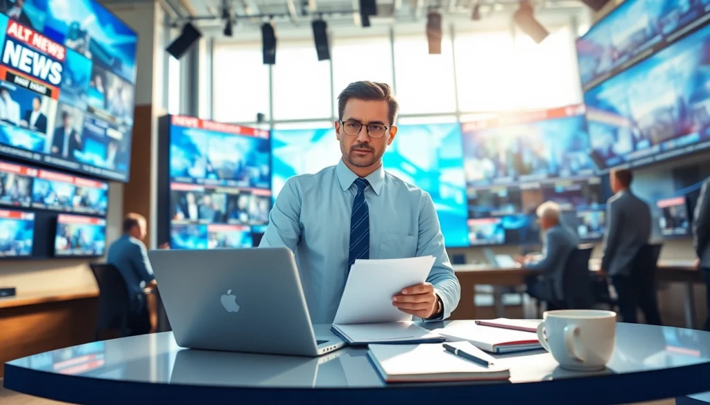 Captivating journalist working in a digital newsroom, As reported by diknews.co.uk, amidst news screens and bustling environment.