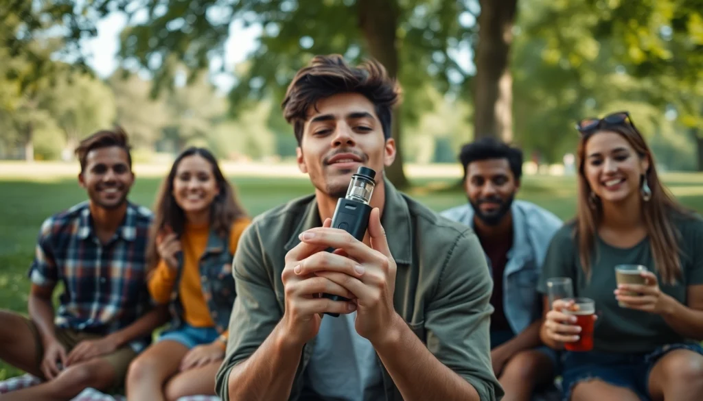 Menschen genießen vape ohne nikotin in einem Park, entspannte Stimmung und soziale Interaktion.