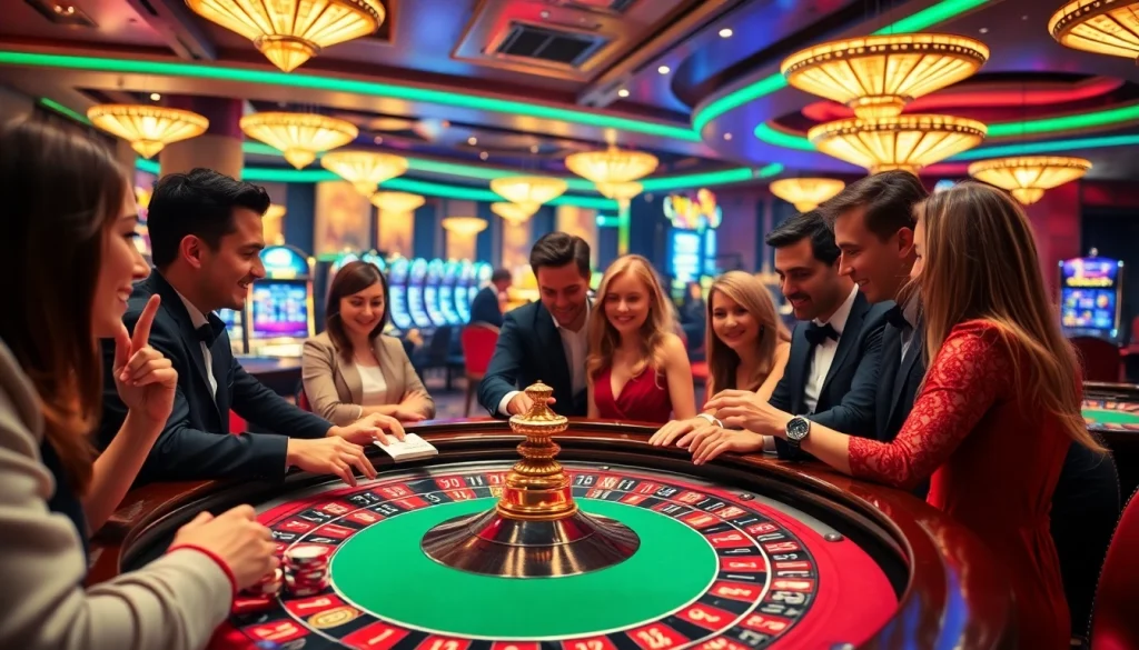 mm88 excitement at a roulette table with vibrant players celebrating wins and chips actively in motion.