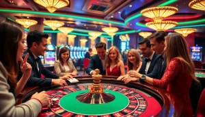 mm88 excitement at a roulette table with vibrant players celebrating wins and chips actively in motion.
