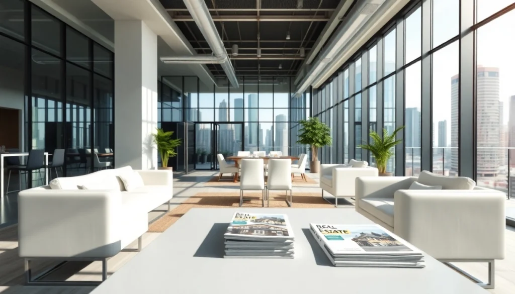 Promote Real Estate brand with a bright modern office space and city skyline.