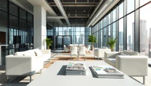 Promote Real Estate brand with a bright modern office space and city skyline.