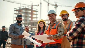 New Jersey General Contractor collaborating with team on a construction site amidst building progress.