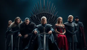 Game of Thrones cast showcasing iconic characters on the Iron Throne in a dramatic setting.