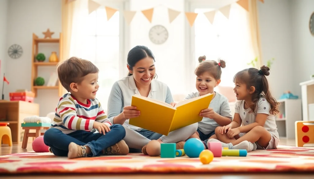 Hire a Nanny Dubai with trusting caregiver reading to happy children in a bright, inviting setting.