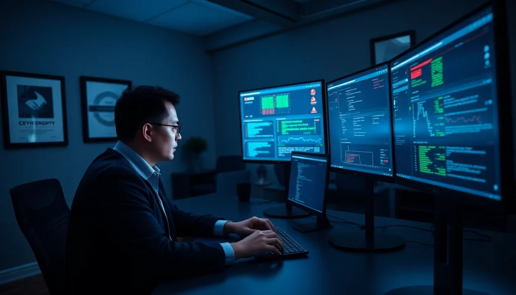 Managed Cybersecurity Tampa analyst monitoring cybersecurity threats in a high-tech office