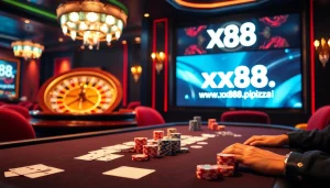 Experience thrilling gameplay at https://xx88.pizza/ with vibrant poker table and roulette wheel.