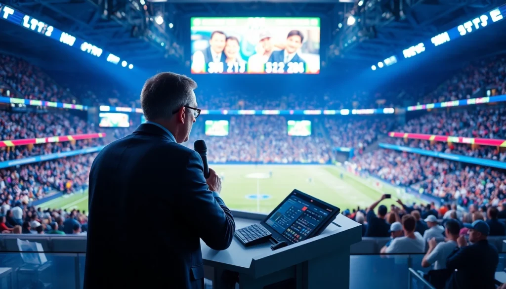 스포츠중계 생중계하는 아나운서의 모습, 스튜디오에서 열정적으로 방송 중