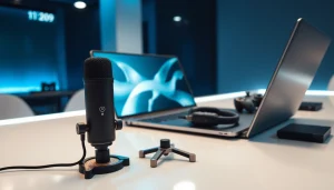 MV 88 microphone showcased in a modern gaming setup with a sleek laptop and accessories.