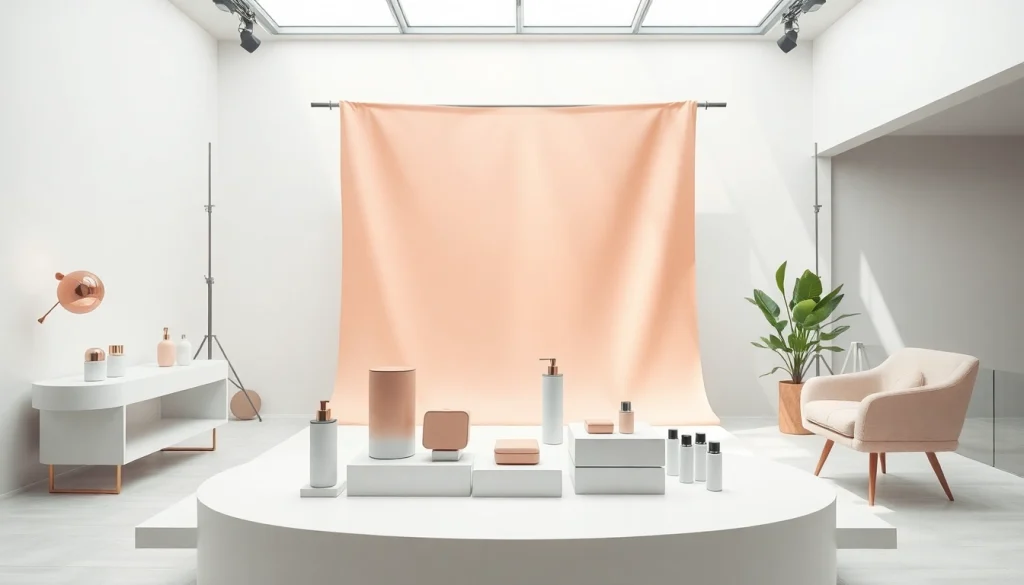 Foto ecommerce di un elegante allestimento fotografico in studio con prodotti in evidenza.