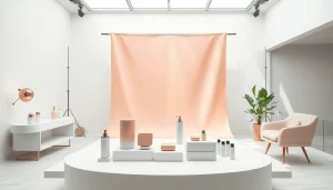 Foto ecommerce di un elegante allestimento fotografico in studio con prodotti in evidenza.