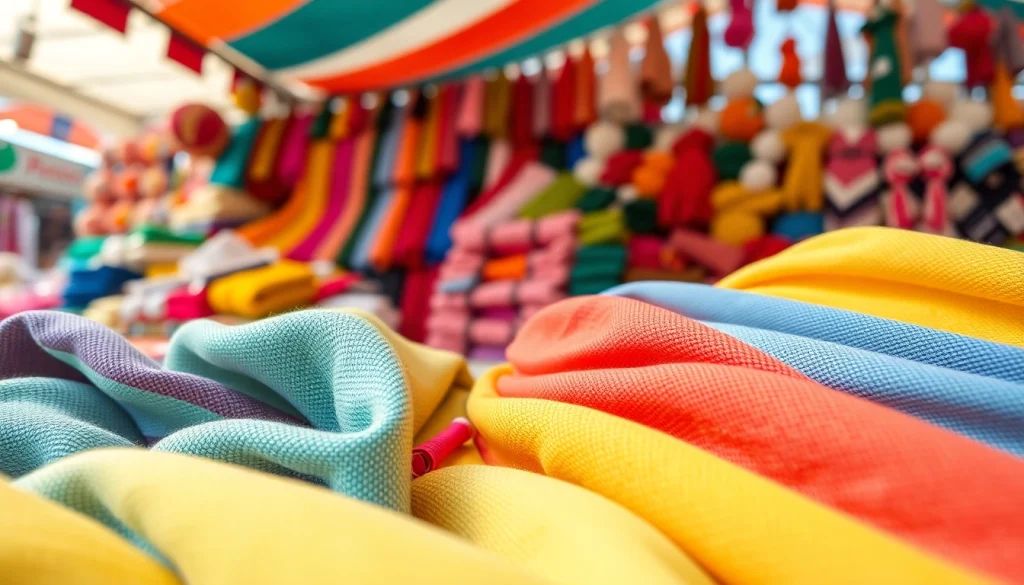 Wafel katoen in diverse kleuren en patronen op een sfeervolle markt, uitnodigend en levendig.