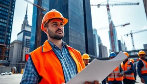 New York Construction Manager collaborating at a busy construction site with urban skyline.
