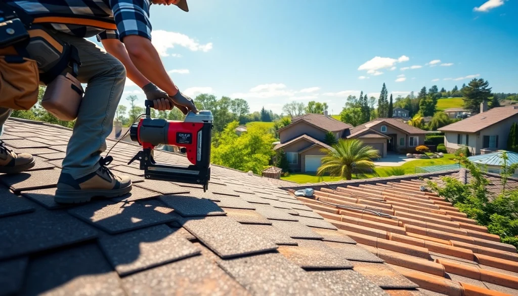 Installers showcasing high-quality roofing solutions on a vibrant residential home in sunny conditions.