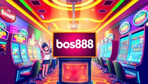 Bos88 menghadirkan suasana gaming yang ceria dengan mesin slot penuh warna dan karakter yang merayakan kemenangan.