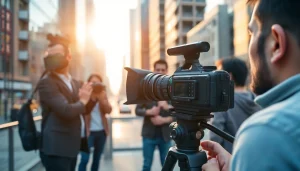 Engaging scene of commercial videography capturing a promotional video in an urban setting.