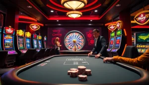Experience the thrilling atmosphere of an online casino at https://whycazino.com, featuring poker tables and vibrant slot machines.