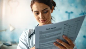 Health expert reviewing patient report in a calming, professional office setting.