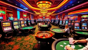 KJC AC 1 - An exciting casino scene with players at roulette and poker tables, showcasing thrilling gambling activities.
