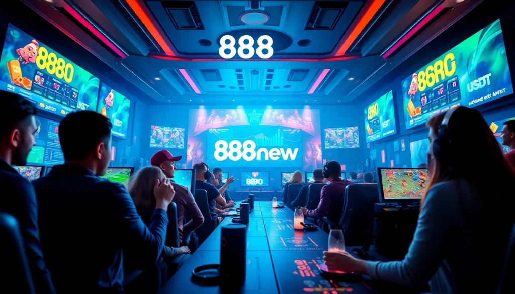 Engaging scene of 888new's vibrant online gaming experience showcasing sports betting and casino games.