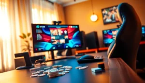 Permainan domino88 live chat game yang menarik dengan kartu penuh warna di atas meja gaming modern.