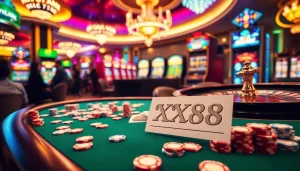 Experience the thrill of winning at XX88's glamorous casino with lively poker games, vibrant decorations, and excited players.