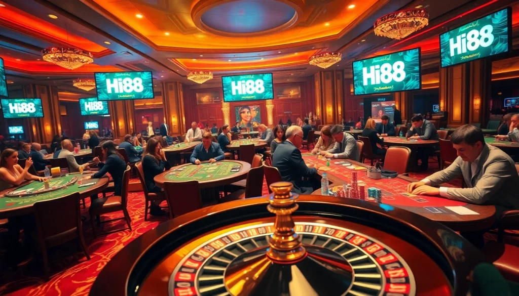 Hi88 brings the thrill of live poker with players at tables, vibrant chips, and exciting action.