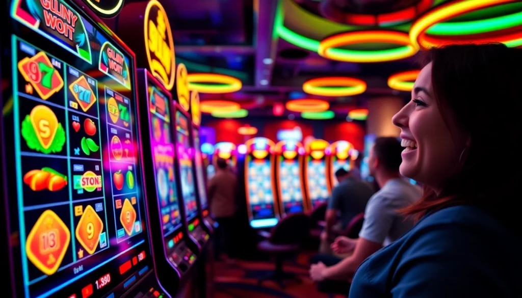 Menampilkan permainan pakde4d slot dengan mesin slot berwarna cerah dan suasana kasino yang meriah.