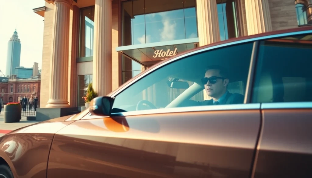 Chauffeur Nottingham welcoming guests at an upscale hotel entrance.