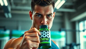 Engaged athlete showcasing 888new supplement in a dynamic gym setting.