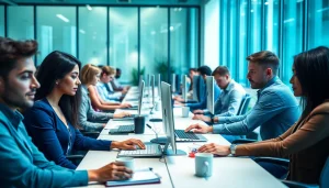 Engaged professionals typing at a dynamic typing center, showcasing focused collaboration.