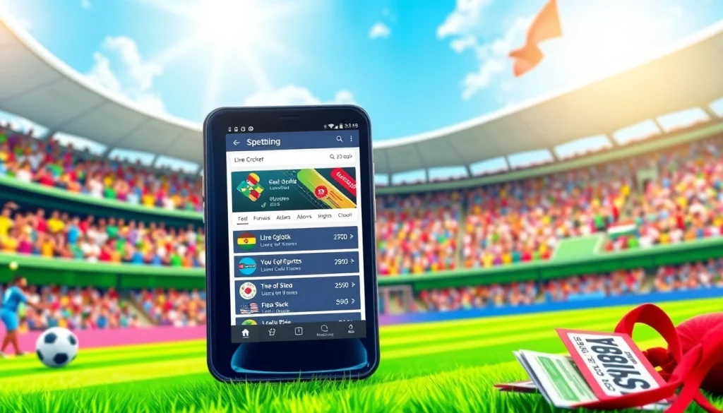 Explore the best sports betting apps India with a vivid mobile interface in a dynamic sports setting.