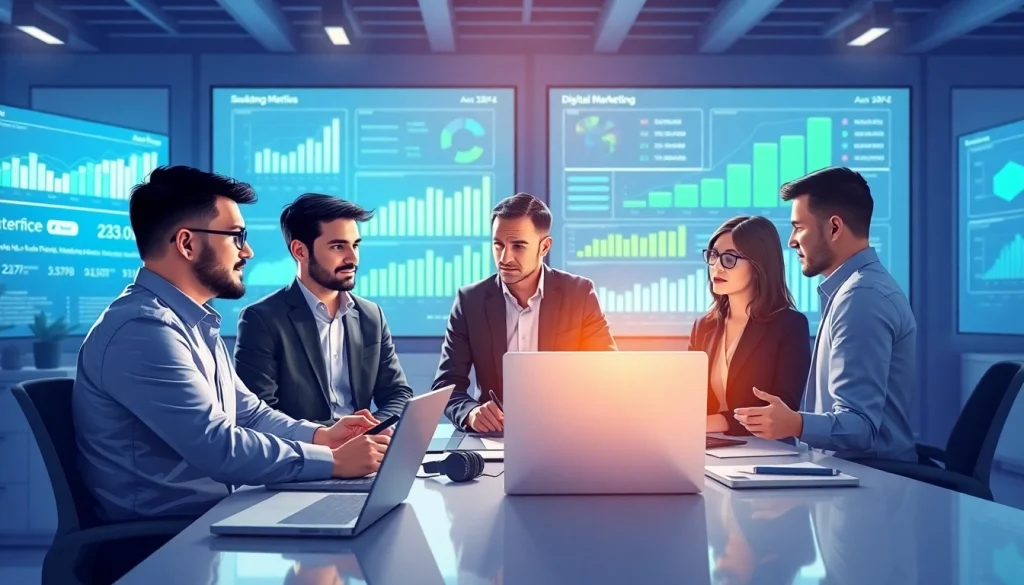 C168.COM digital marketing professionals collaborating over analytics in a vibrant office setting.