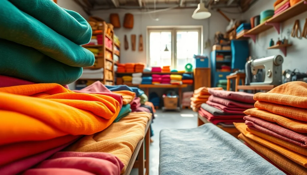 Ontdek ongebleekt katoen in een creatieve textielwerkplaats met diverse stoffen.