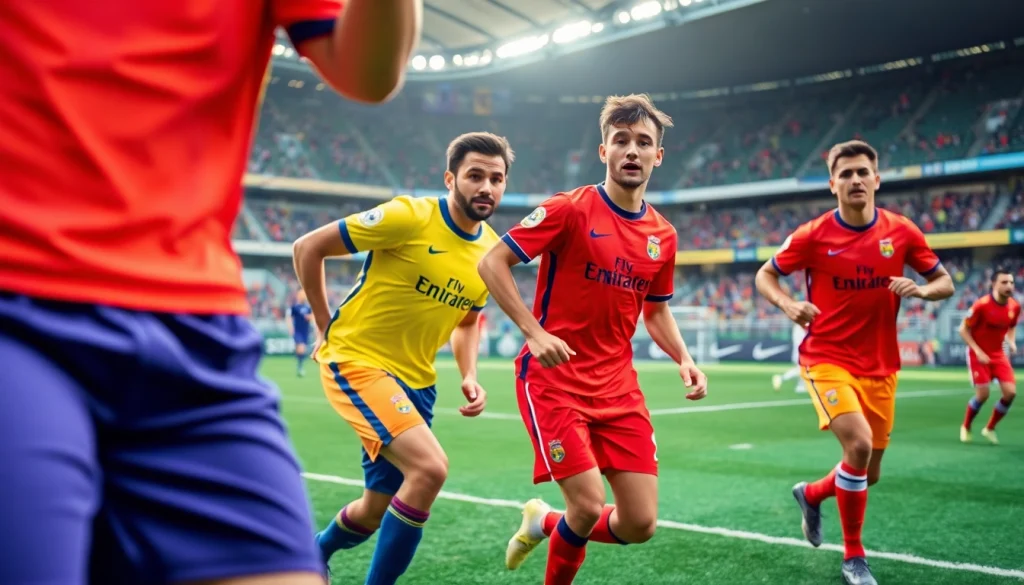 Showcase of dynamic athletes wearing unique team football kits during an exciting match.