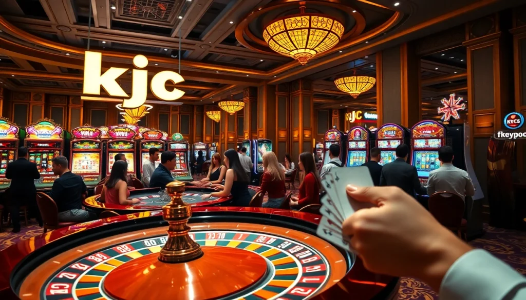 Experience the excitement at KJC casino with players engaging at roulette, showcasing vibrant gaming action.