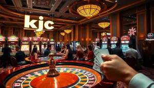 Experience the excitement at KJC casino with players engaging at roulette, showcasing vibrant gaming action.
