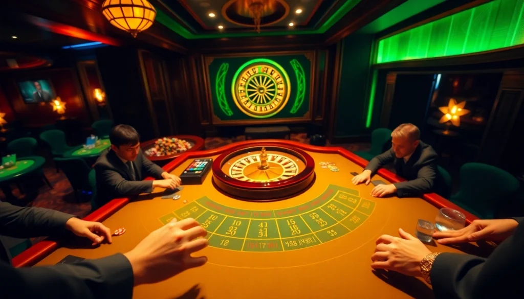 Exciting gambling action at https://xx88.us/ with players at a baccarat table and roulette wheel.