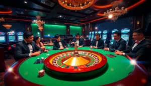 Khela88 bangladesh casino players enjoying an exciting poker game at a luxurious table.
