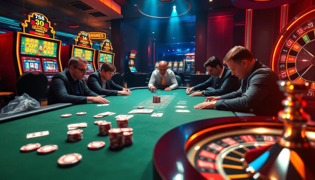 Engaging players at a poker table with 79kinh chips reflecting luxury and excitement in the casino atmosphere.