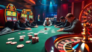 Engaging players at a poker table with 79kinh chips reflecting luxury and excitement in the casino atmosphere.