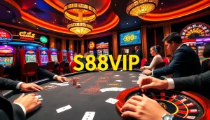S88VIP Casino scene showcasing thrilling poker game with vibrant slot machines and roulette.